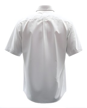 Blank white collared shirt mockup shown from back view, crisp fabric texture and soft shadows isolated on white background