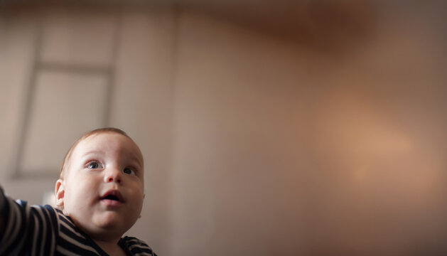 Curious baby exploring the vast open spaces of a quiet living room during a bright afternoon while looking upward with wonder and innocence in eyes, perfect for custom text and designs
