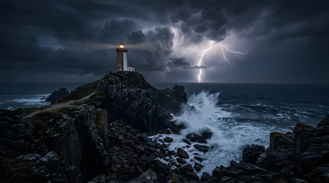Illuminated lighthouse on rocky cliff during a stormy ocean lightning night