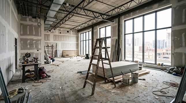 Unfinished bright commercial loft under renovation, exposed drywall, raw concrete floor, wooden stepladder, floor-to-ceiling daylight.