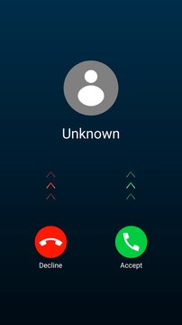 Unknown caller incoming phone call with accept and decline buttons, user profile icon and upward notification arrows for mobile communication