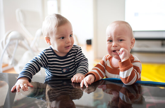 Two curious twin brothers stand side by side at a reflective dining table inside their bright family home during a peaceful afternoon playtime