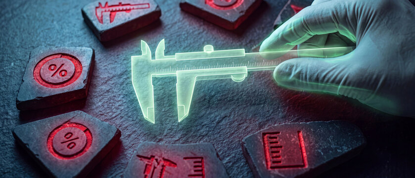 Precision body measurement concept featuring a glowing holographic caliper and red illuminated icons of percentages and rulers on charcoal stone fragments for sports science