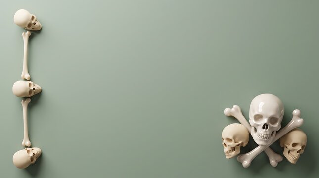 Sage green background features polished white human skulls and long bones in a side frame.