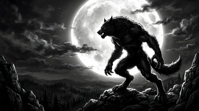 A menacing werewolf standing on a rocky cliff silhouette against a large glowing full moon at night