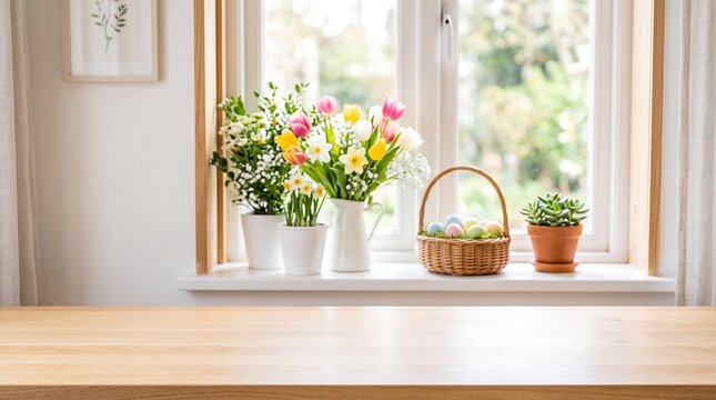 Empty wooden table mockup with Easter eggs in basket and spring flowers bouquet near sunny kitchen window background.