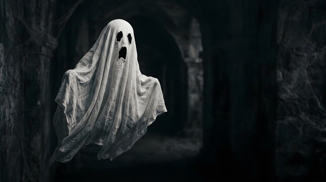 A spooky and spectral ghost floats eerily in the darkness embodying the spirit of halloween night