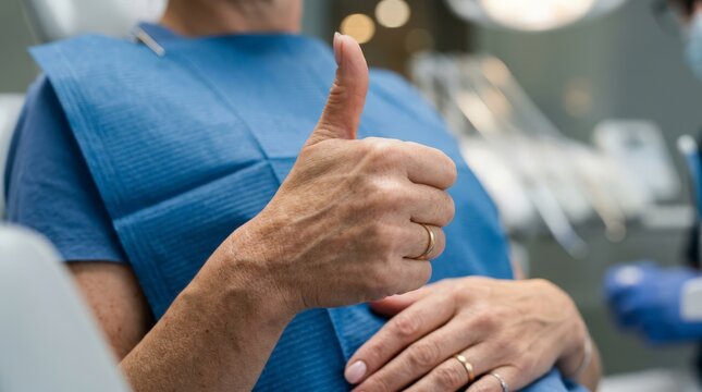 A patient sitting in a dentist chair gives a reassuring thumbs up gesture while wearing a blue protective bib, showing satisfaction and approval during a medical visit