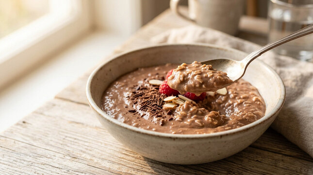 Chocolate Day Breakfast Bowl with Creamy Oatmeal, Raspberries, and Shaved Dark Chocolate Toppings