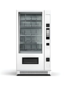 Empty white vending machine mockup with blank screen, retail equipment isolated on white background