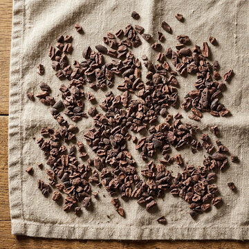 Chocolate Day Cacao Nibs Scattered on Rustic Linen Fabric for Organic Food Photography Concept