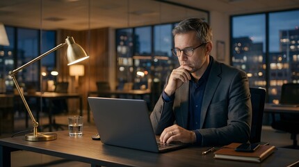Fototapeta premium Professional man working on laptop in modern office at late night hours