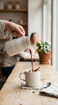 Chocolate Day Celebration with Hot Cocoa Being Poured into a Ceramic Mug in Cafe
