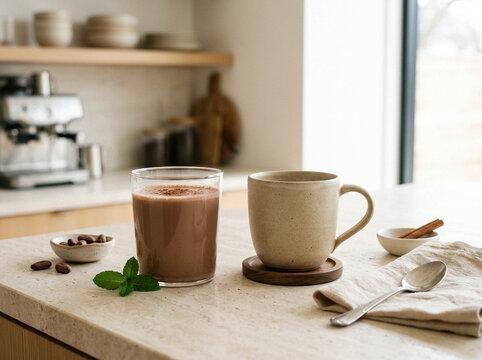 Chocolate Day celebration with hot cocoa in a glass and ceramic mug on kitchen