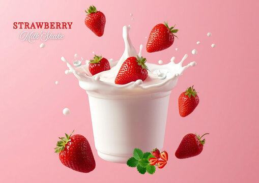 Strawberry milkshake advertisement with milk splash and fresh berries on pink background
