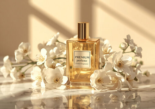  Luxury perfume bottle with jasmine flowers and sunlight shadows on marble