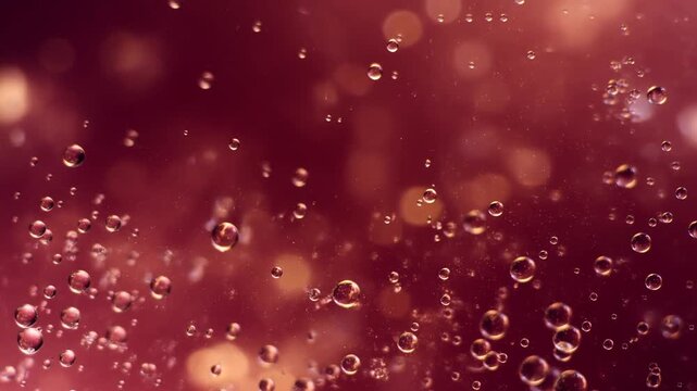 Air bubbles suspended in red liquid with warm glowing highlights and soft background
