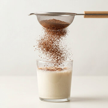 Chocolate Day Cocoa Powder Sifting into Milk Glass, Symbolizing Culinary Preparation, Baking