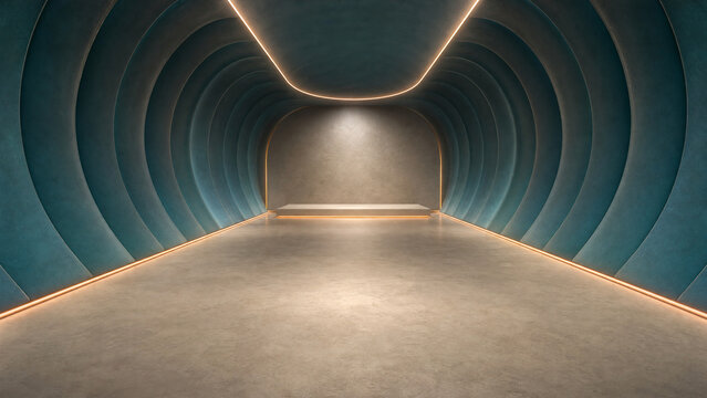 Futuristic teal velvet tunnel with neon lighting, modern empty stage for product display, luxury interior showroom with curved walls
