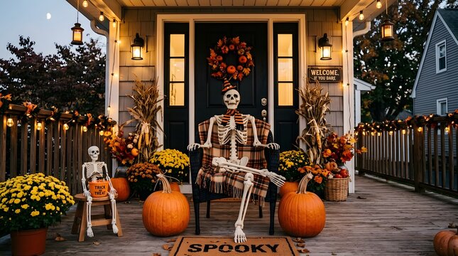 A spectacularly decorated home embraces the spooky spirit of halloween with pumpkins skeletons and festive lighting