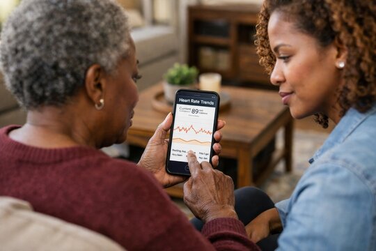 Caregiver and senior reviewing heart rate trends on smartphone for health monitoring and senior care app interface presentation