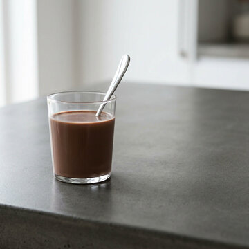 Chocolate Day Glass of Creamy Cocoa with Metal Spoon on Minimalist Dark Stone Countertop