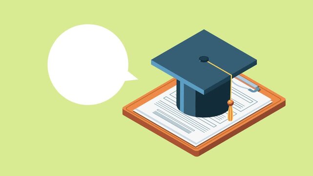 Graduation cap on clipboard with document and speech bubble animation on green background.