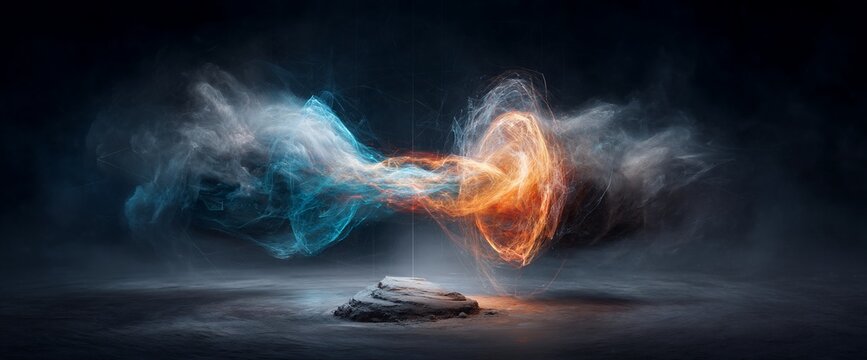 Abstract composition features glowing energy forms connected by lines. Blue and orange light emanating from a stone pedestal