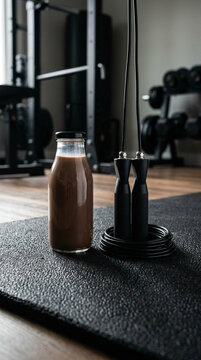Chocolate Day Protein Shake with Jump Rope on Gym Mat, Representing Fitness and Nutrition