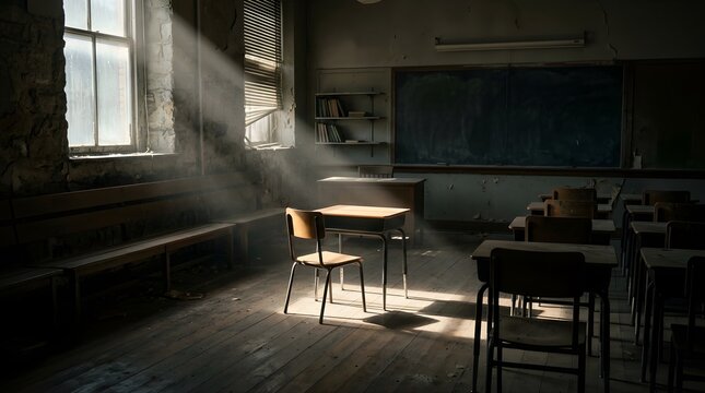 Sunbeams illuminating a single desk inside an abandoned rustic classroom