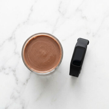 Chocolate Day Refreshment with Fitness Tracker on Marble Surface for Healthy Lifestyle Concept