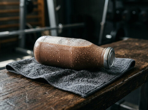Chocolate Day Refreshment with Cold Protein Shake Bottle on Gym Towel for Fitness Recovery