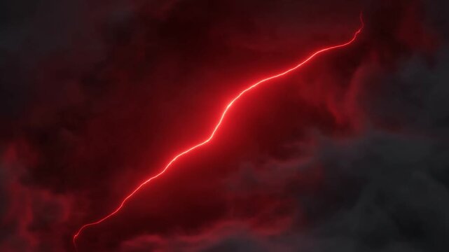 Red lightning bolt glowing across dark storm clouds in a night sky