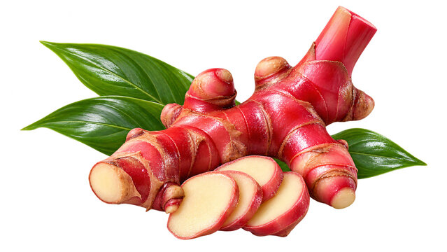 Fresh Red Ginger Rhizomes and Slices with Leaves Isolated on Transparent Background