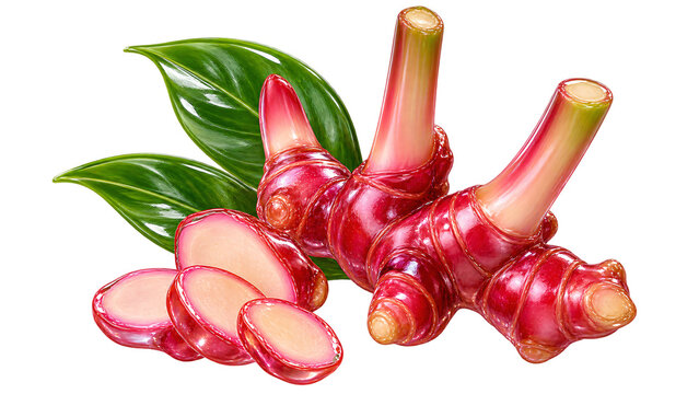 Fresh Red Ginger Rhizomes and Slices with Leaves Isolated on Transparent Background