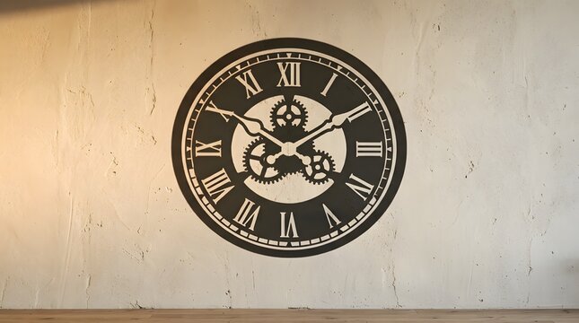 Vintage wall clock with roman numerals and visible internal mechanical gears hanging on rustic plaster wall