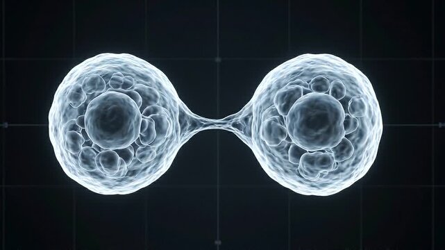 Microscopic blue cells undergoing division process on dark background