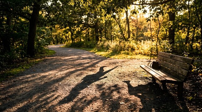 : Mysterious human figure shadow projected on dirt path in sunlit forest park natural outdoor landscape background