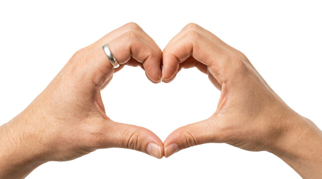 Hands forming heart shape with silver wedding ring on transparent background