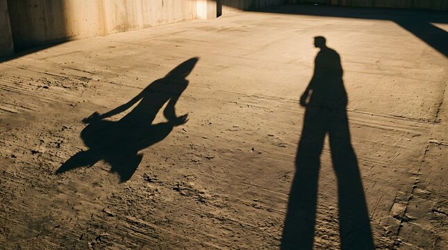 : Long exaggerated human shadows cast across dry sandy ground in harsh bright sunlight dramatic outdoor perspective