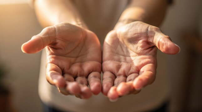 A pair of adult hands held out open towards the camera in a gesture of offering or receiving.