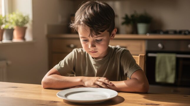 A young boy sits at a wooden table, looking down with a thoughtful expression at an empty white plate in front of him.