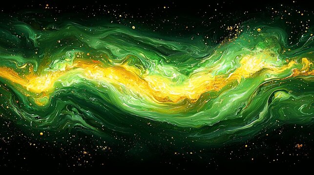 Arte fluida abstrata, redemoinhos vibrantes em verde e dourado, fundo c&oacute;smico. Poss&iacute;vel uso como papel de parede ou fundo de site.