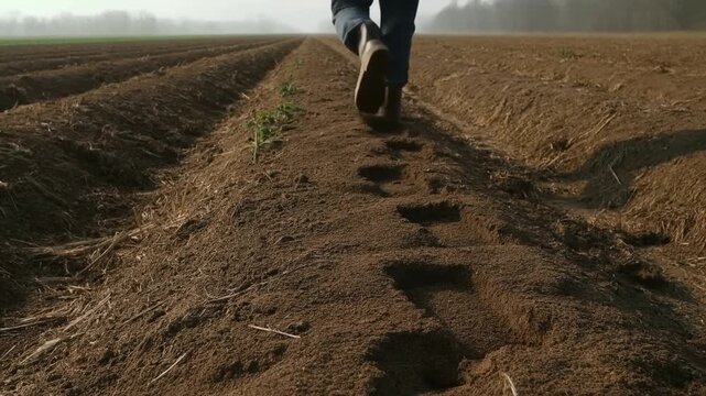 Work Boot Standing on Freshly Tilled Soil in an Open Agricultural Field