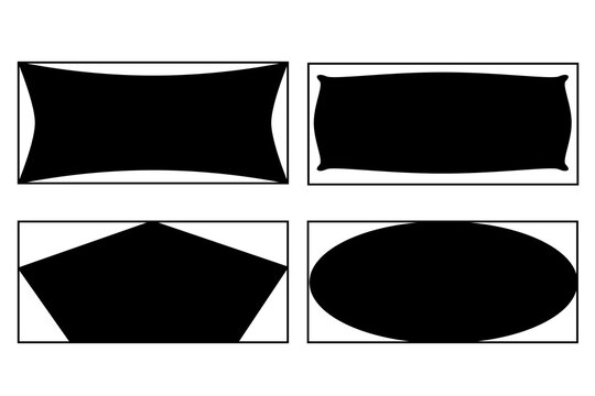 Set of four solid black banner silhouettes enclosed within thin rectangular border frames. Features a concave banner, rounded cushion shape, house pentagon badge, and horizontal ellipse.