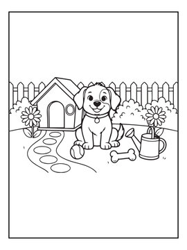 Dog in Yard Illustration, Cute Puppy with House and Flowers, Coloring Page Design, Vector Graphic