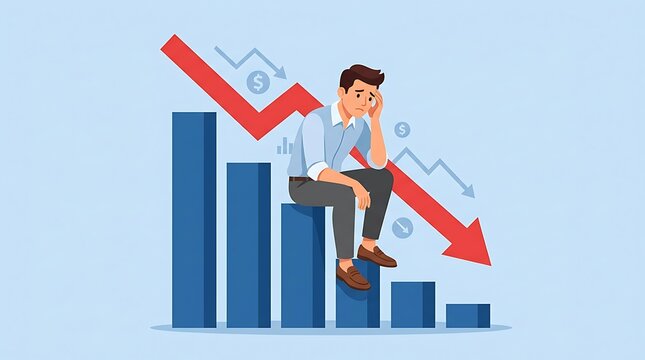 Sad businessman sitting on falling bar chart with red downward trend arrow representing market crash and economic crisis financial loss sad man
