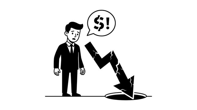 Worried businessman looking at broken downward arrow pointing into financial hole representing bankruptcy and market crash with economic crisis