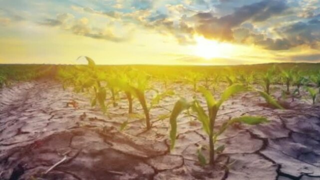 Young corn crops growing in dry cracked soil during sunrise representing drought and climate change