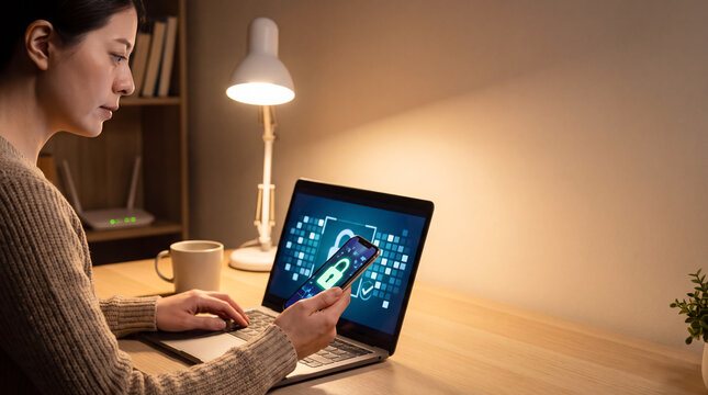 Person uses smartphone and laptop to check security features at a desk in an indoor setting during the evening